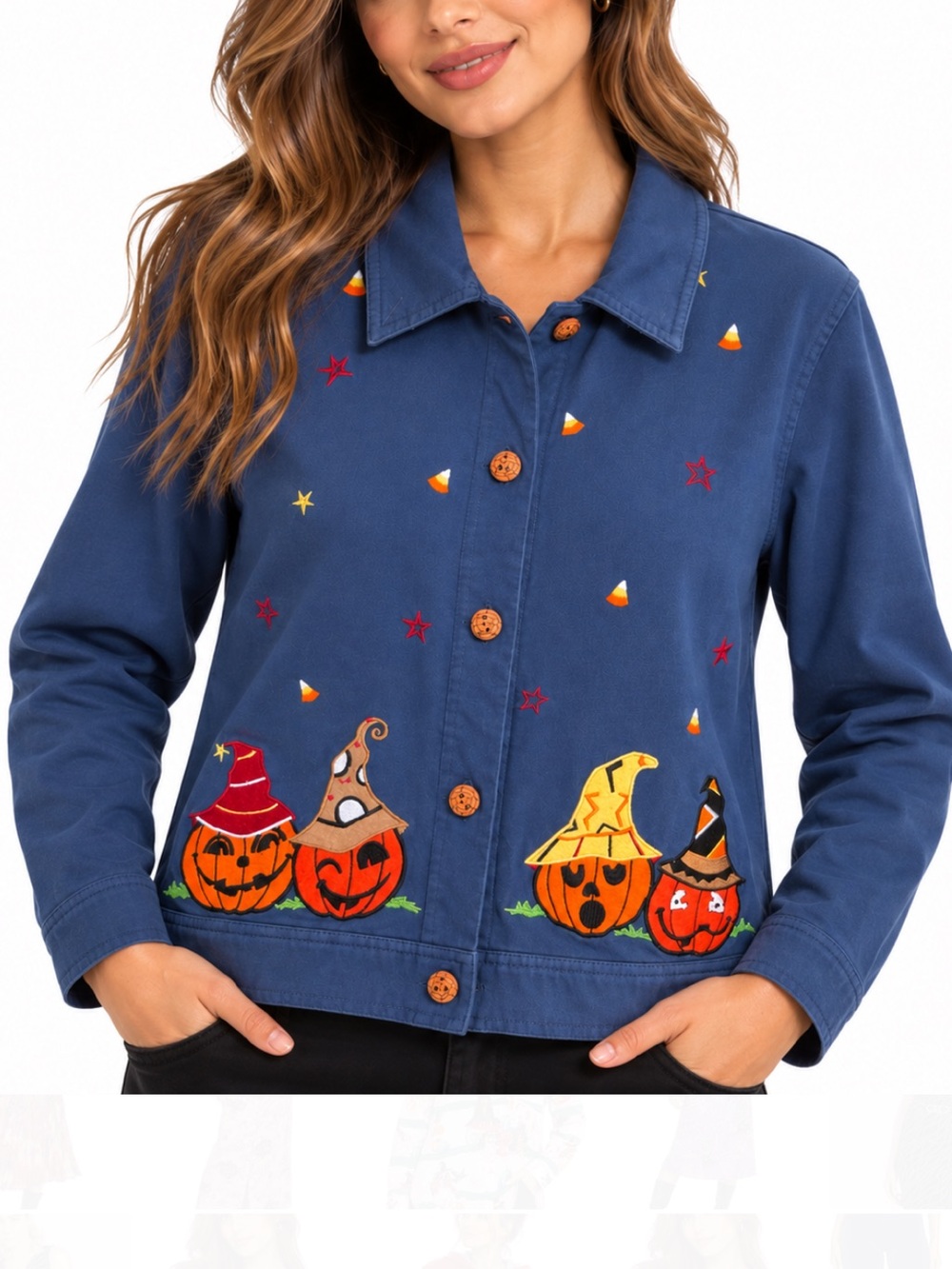 VINTAGE ONQUE CASUALS HALLOWEEN PUMPKIN JACKET L WITCHY WHIMSIGOTH EMBROIDERED